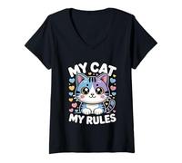 Donna My Cat My Rules Maglietta con Collo a V