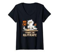 Donna My cat thinks I'm illitirate Maglietta con Collo a V