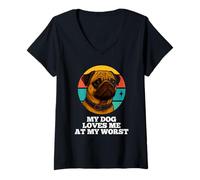 Donna My Dog Loves Me at My Worst Pug Retro Puppy Lover Puppy Proprietario Maglietta con Collo a V