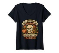 Donna My Favorite Season Is The Fall of Fascism Skull Pumpkin Maglietta con Collo a V
