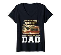 Donna My Favorite Soccer Player Calls Me Dad Bandiera USA Fathers Day Maglietta con Collo a V