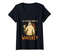 Donna My Favorite Spirit Is Whiskey Funny Halloween Ghost Drinking Maglietta con Collo a V