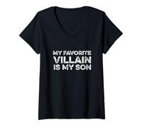 Donna My Favorite Villain Is My Son Dad Mom Funny Parent Figli Ragazzi Maglietta con Collo a V
