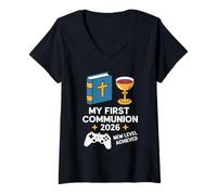 Donna My First Communion 2026 New Level Achieved Comunione Maglietta con Collo a V