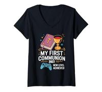 Donna My First Communion 2027 New Level Achieved Prima Comunione Maglietta con Collo a V