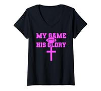 Donna My Game His Glory Calcio Gesù Bibbia Preghiera Dio Croce Rosa Maglietta con Collo a V