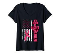 Donna My God Is Bigger Than Cancer Breast Carino Nastro Rosa Gesù Maglietta con Collo a V