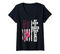 Donna My God Is Bigger Than Cancer Breast Carino Nastro Rosa Gesù Maglietta con Collo a V