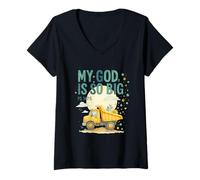 Donna My God Is So Big Psalm 147:5 Construction Truck Watercolor Maglietta con Collo a V
