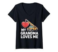 Donna My Grandma Loves Me Boys Girls Kids Grandson - Camion da rimorchio Maglietta con Collo a V