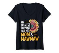 Donna My Greatest Blessings Call Me Mom & Mawmaw Sunflower Art Maglietta con Collo a V
