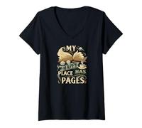 Donna My Happy Place Has Pages Book Lover Reading Bibliophile Maglietta con Collo a V