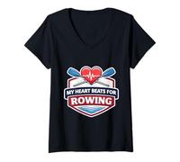 Donna My Heart Beats for Rowing Crew Team Heartbeat Pulse Remi Maglietta con Collo a V