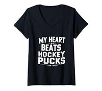 Donna My Heart Beats Hockey Pucks Sarcastico Hockey Umorismo Maglietta con Collo a V