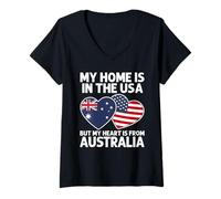 Donna My Home Stati Uniti My Heart Australia Australian American Pride Maglietta con Collo a V
