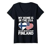Donna My Home USA My Heart Finlandia Bandiera Finlandese American Pride Maglietta con Collo a V