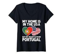 Donna My Home USA My Heart Portogallo Bandiera Portoghese American Pride Maglietta con Collo a V