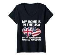 Donna My Home USA My Heart UK Bandiera British American Pride Maglietta con Collo a V