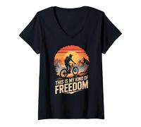 Donna My Kind of Freedom Bikepacking Natura Ciclismo Retro Tramonto Maglietta con Collo a V