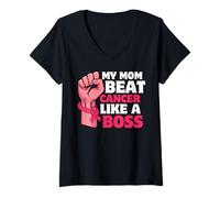 Donna My Mom Beat Cancer Like a Boss Pink Ribbon Fist Maglietta con Collo a V