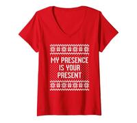 Donna My presence is your present sarcastico Natale brutto maglione Maglietta con Collo a V