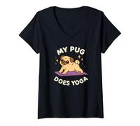 Donna My Pug Does Yoga Carino Cane Tema Art Maglietta con Collo a V
