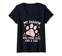 Donna My Shadow Has Four Legs Floral Paw Citazione Dog Cat Lovers Maglietta con Collo a V