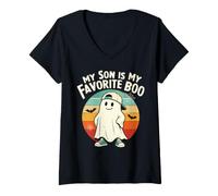 Donna My Son Is My Favorite Boo Halloween Mom Dad Maglietta con Collo a V