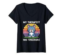 Donna My Therapist Has Whiskers Maglietta con Collo a V