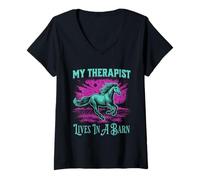 Donna My Therapist Lives In A Barn Horse Lover Maglietta con Collo a V