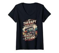 Donna My Therapy Involves Tracks and Steam Retro Train Art Maglietta con Collo a V
