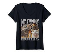 Donna My Tummy Hurts Funny Cat Meme Bootleg Graphics Maglietta con Collo a V