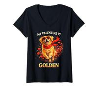 Donna My Valentine Is Golden Funny Golden Retriever Maglietta con Collo a V