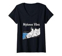Donna Mykonos Vibes Souvenir Estivo Isola Greca Maglietta con Collo a V