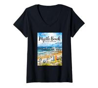 Donna Myrtle Beach Carolina del Sud Acquerello Pier Maglietta con Collo a V