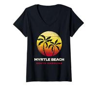 Donna Myrtle Beach South Carolina Retro Tramonto Palme Maglietta con Collo a V