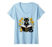 Donna Mystic Cat with Spell Book Candle Flowers Witchcore Maglietta con Collo a V