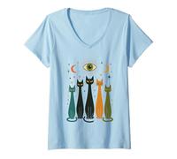 Donna Mystic Cats Celestial Eye Moon Feline Maglietta con Collo a V
