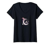 Donna Mystic Moon - Cappello da Strega con Pipistrello Magico Celeste e Cristalli Maglietta con Collo a V
