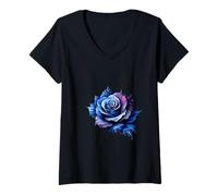 Donna Mystical Blue Rose - Incantevole Vettore Floreale Maglietta con Collo a V