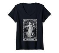 Donna Mystical Cat Lady Art, strega estetica per gli amanti dei gatti Tarocchi Maglietta con Collo a V