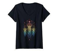 Donna Mystical Cosmic Meduse Rainbow Boho Maglietta con Collo a V