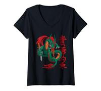 Donna Mystical Fire Breathing Dragon Giapponese Kanji Style Art Maglietta con Collo a V