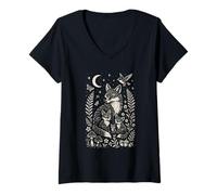 Donna Mystical Fox Family Nature Forest Night Design Maglietta con Collo a V