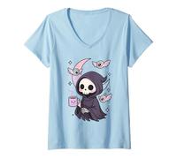 Donna Mystical Grim Reaper, amante del caffè, pastello Nu Goth Maglietta con Collo a V