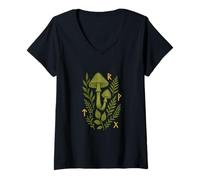Donna Mystical Mushroom Rune - Design della Foresta Botanica Disegnata a Mano Maglietta con Collo a V