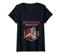 Donna Nakasendo Samurai Trail Giappone Guerriero Edo Periodo Escursionista Maglietta con Collo a V