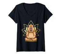 Donna Nama-Steady Capybara con fiore di loto atmosfera tranquilla Maglietta con Collo a V