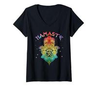 Donna Namaste mano Hamsa Yoga induismo Veda OHM Maglietta con Collo a V