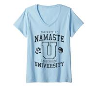 Donna Namaste University Pesantemente meditato Yoga Vintage Varsity Maglietta con Collo a V